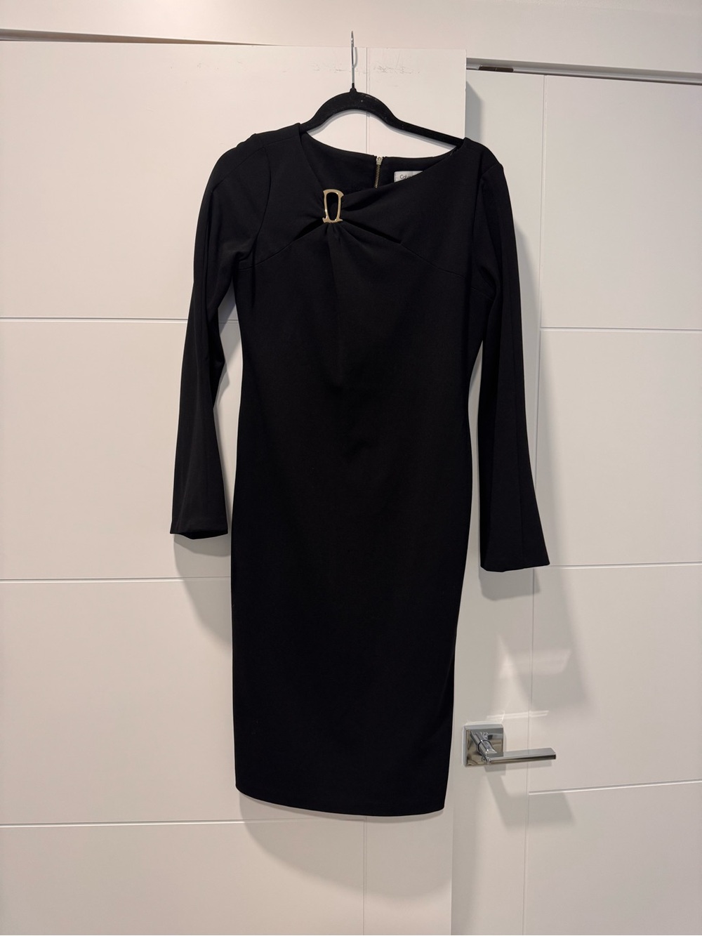 Calvin Klein Black Long-Sleeve Sheath Dress with Gold Accent